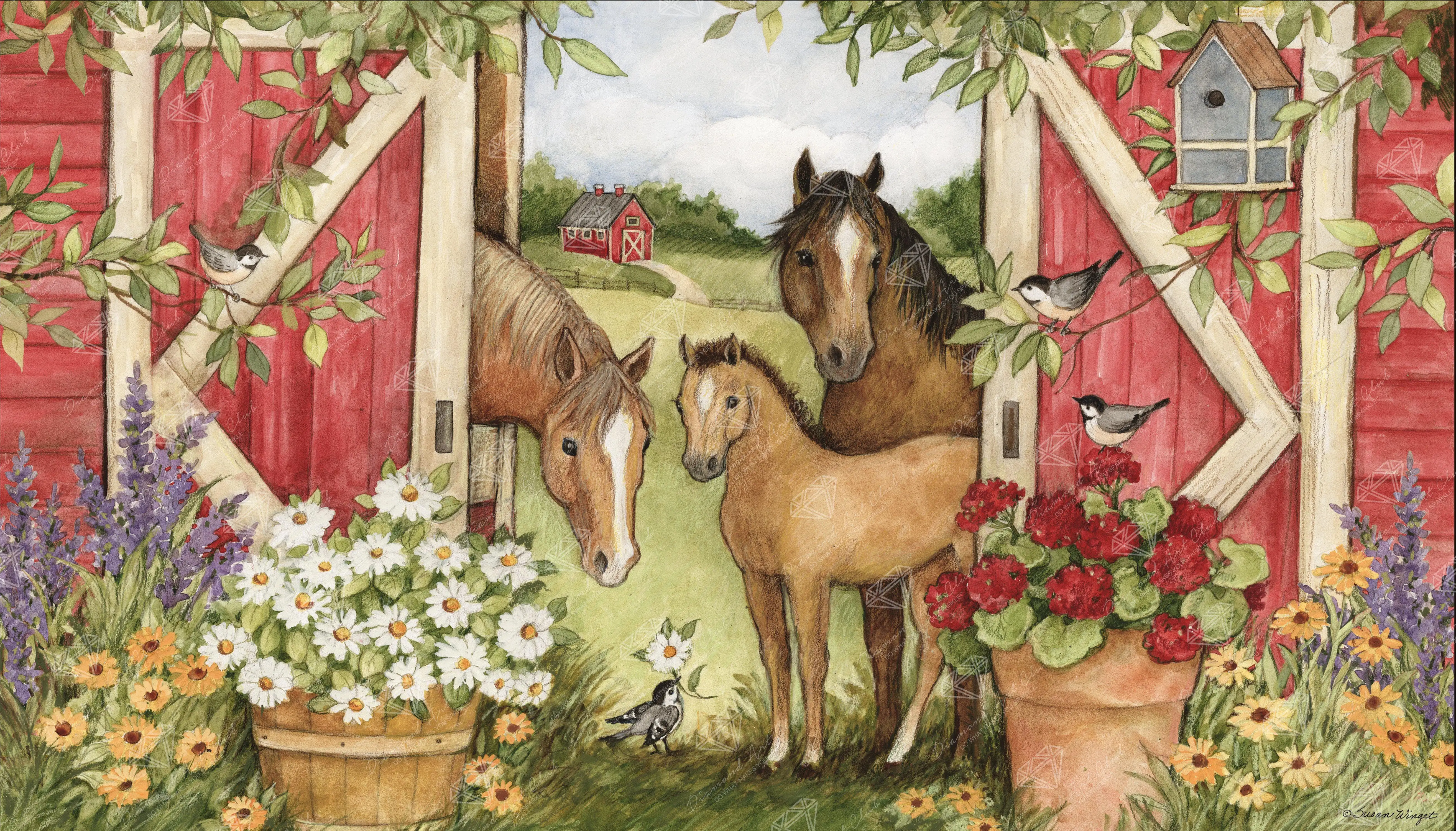 Horses Red Barn