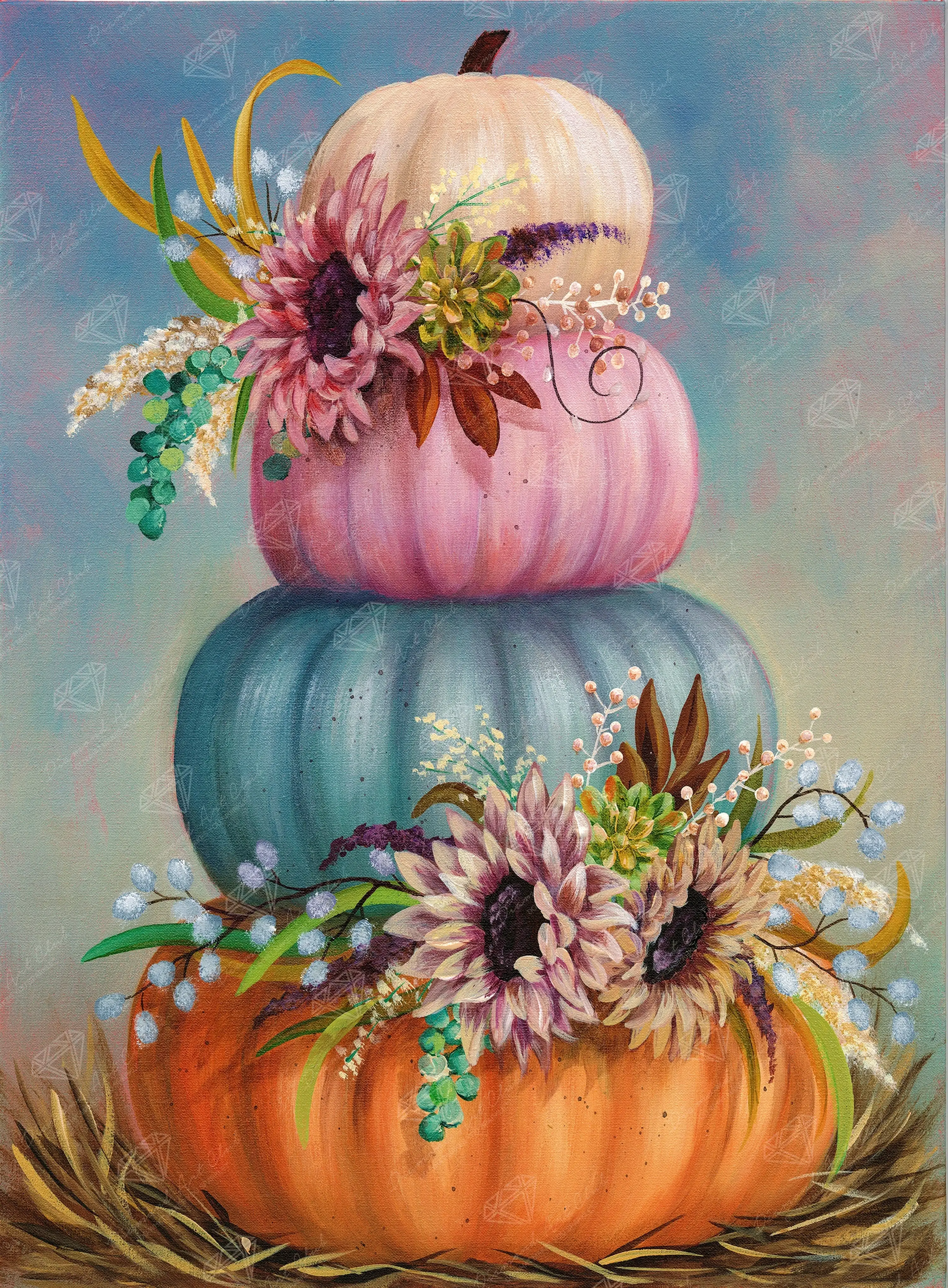 Stacked Pumpkins with Sunflowers