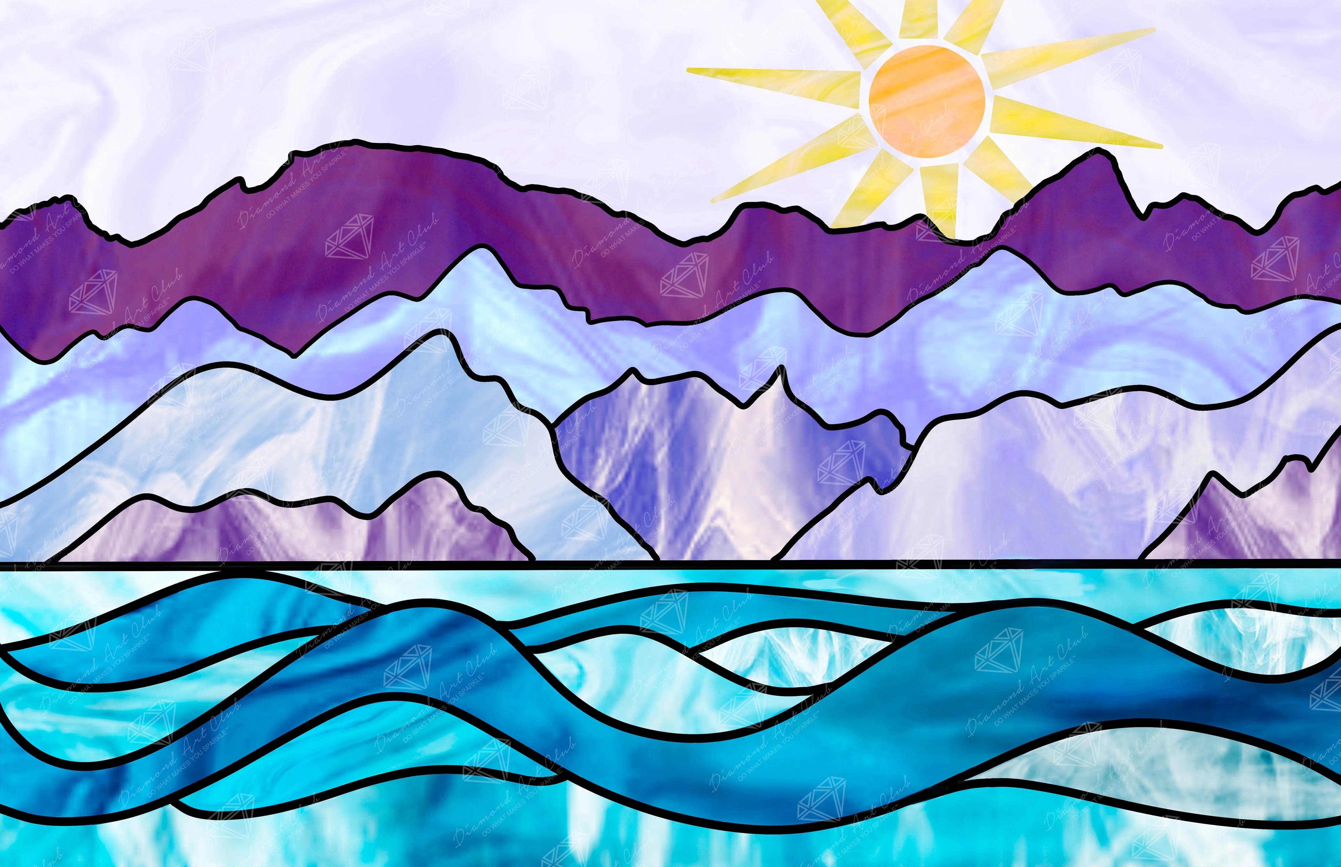 Stained Glass Mountains Ocean & Sun