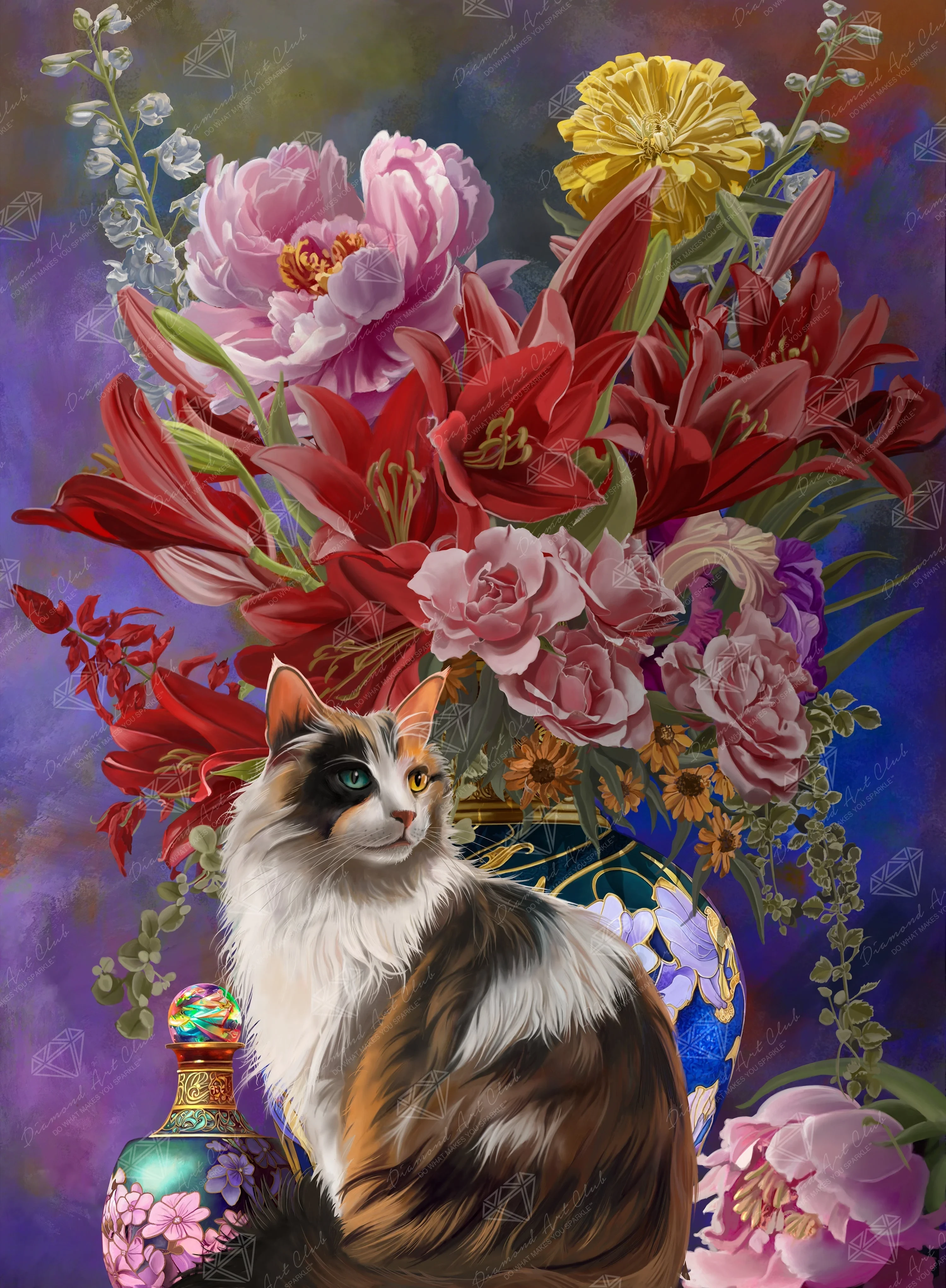 Cat and Flowers Chinoiserie